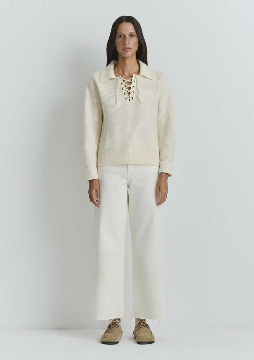 Mavi Polo Yaka Ekru Kadın Kazak 1710879-80194 - Mavi (1)