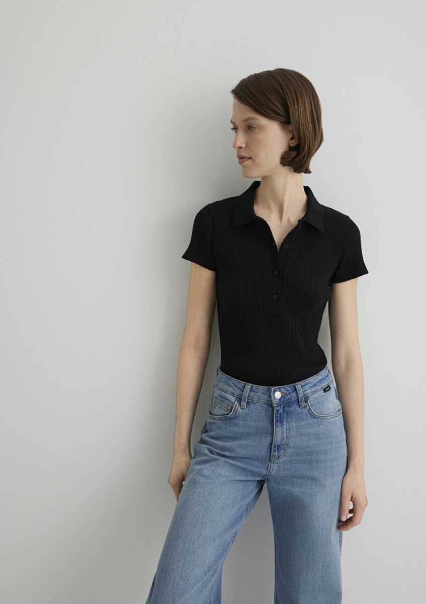 Mavi Polo Yaka Siyah Kadın Tişört 1613120-900 - Mavi (1)