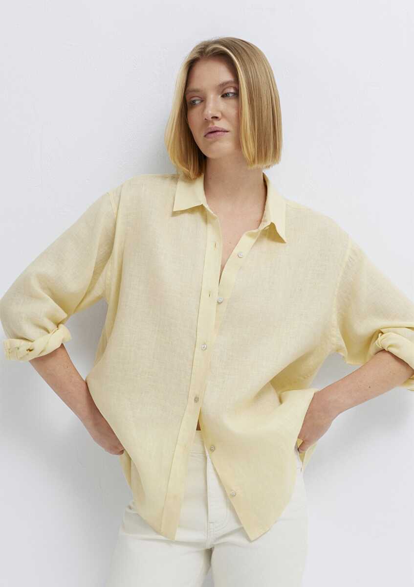 Mavi Sarı Loose Fit Kadın Keten Gömlek 1210747-84571