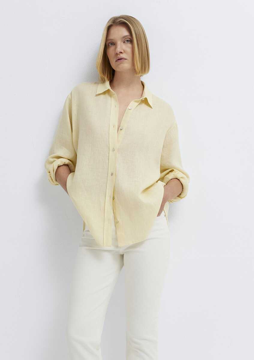 Mavi Sarı Loose Fit Kadın Keten Gömlek 1210747-84571 - 2