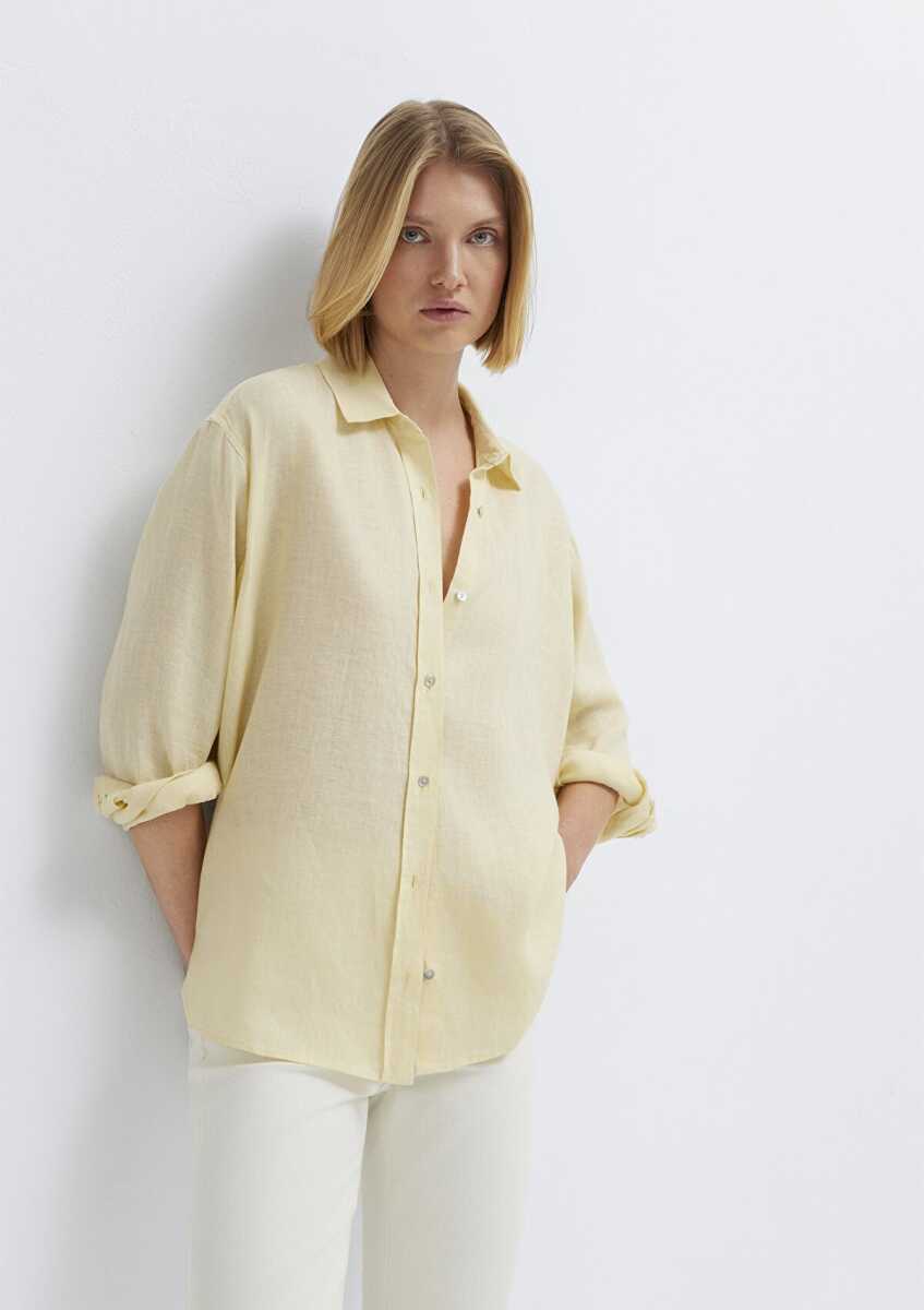 Mavi Sarı Loose Fit Kadın Keten Gömlek 1210747-84571 - 3