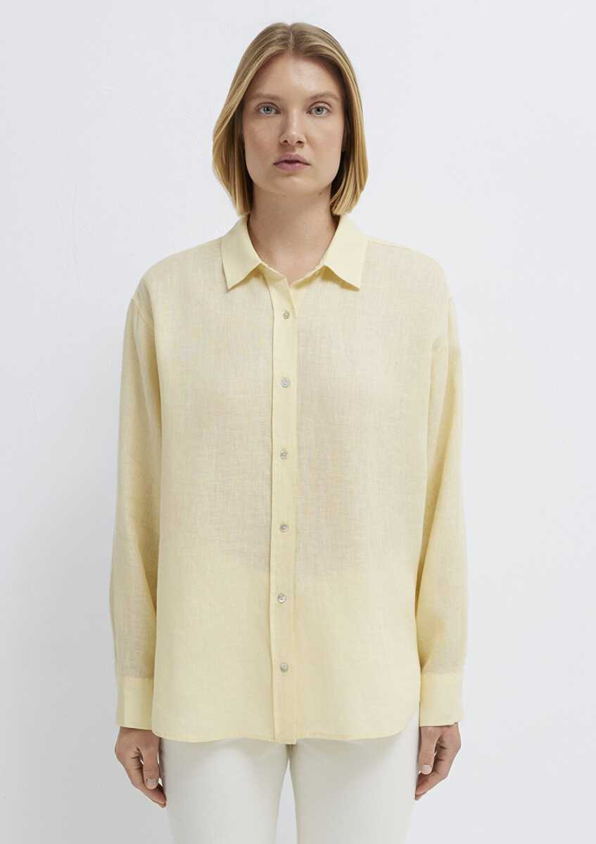 Mavi Sarı Loose Fit Kadın Keten Gömlek 1210747-84571 - 4