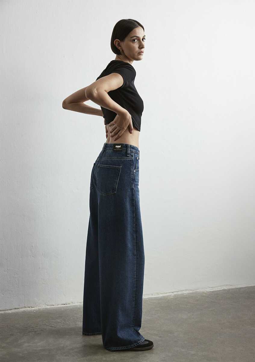 Mavi Siena Iconic Puslu Koyu Mavi Wide Leg Yüksek Bel Geniş Paça Kadın Jean Pantolon 1010763-87748 - 4
