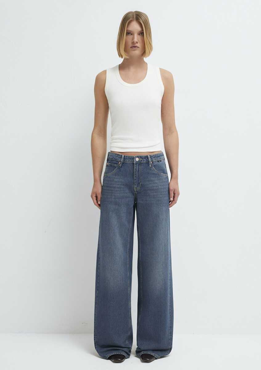 Mavi Siena Iconic Puslu Koyu Mavi Wide Leg Yüksek Bel Geniş Paça Kadın Jean Pantolon 1010763-A3778 - 3
