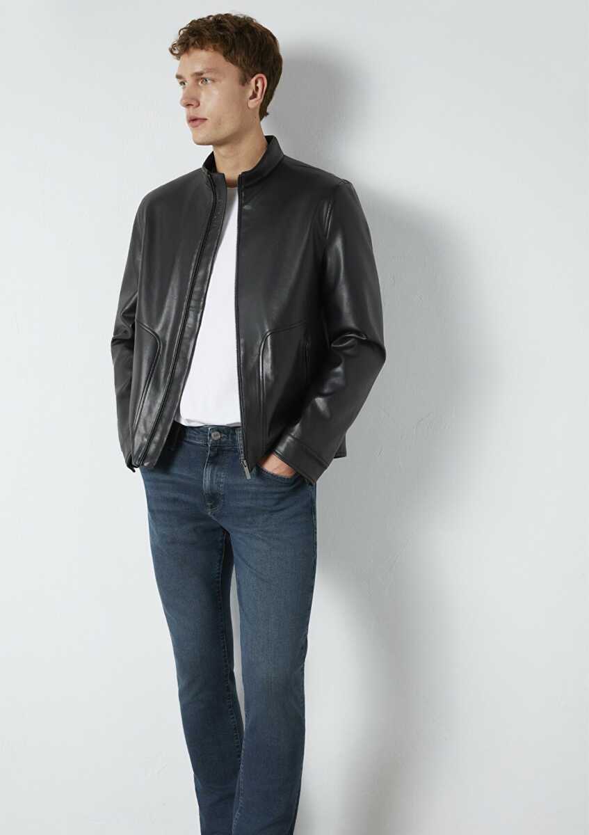 Mavi Siyah Biker Suni Deri Erkek Ceket 0110789-71379 - Mavi (1)