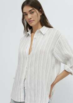 Mavi Siyah Çizgili Beyaz Oversize Kadın Keten Gömlek 1210748-81510 