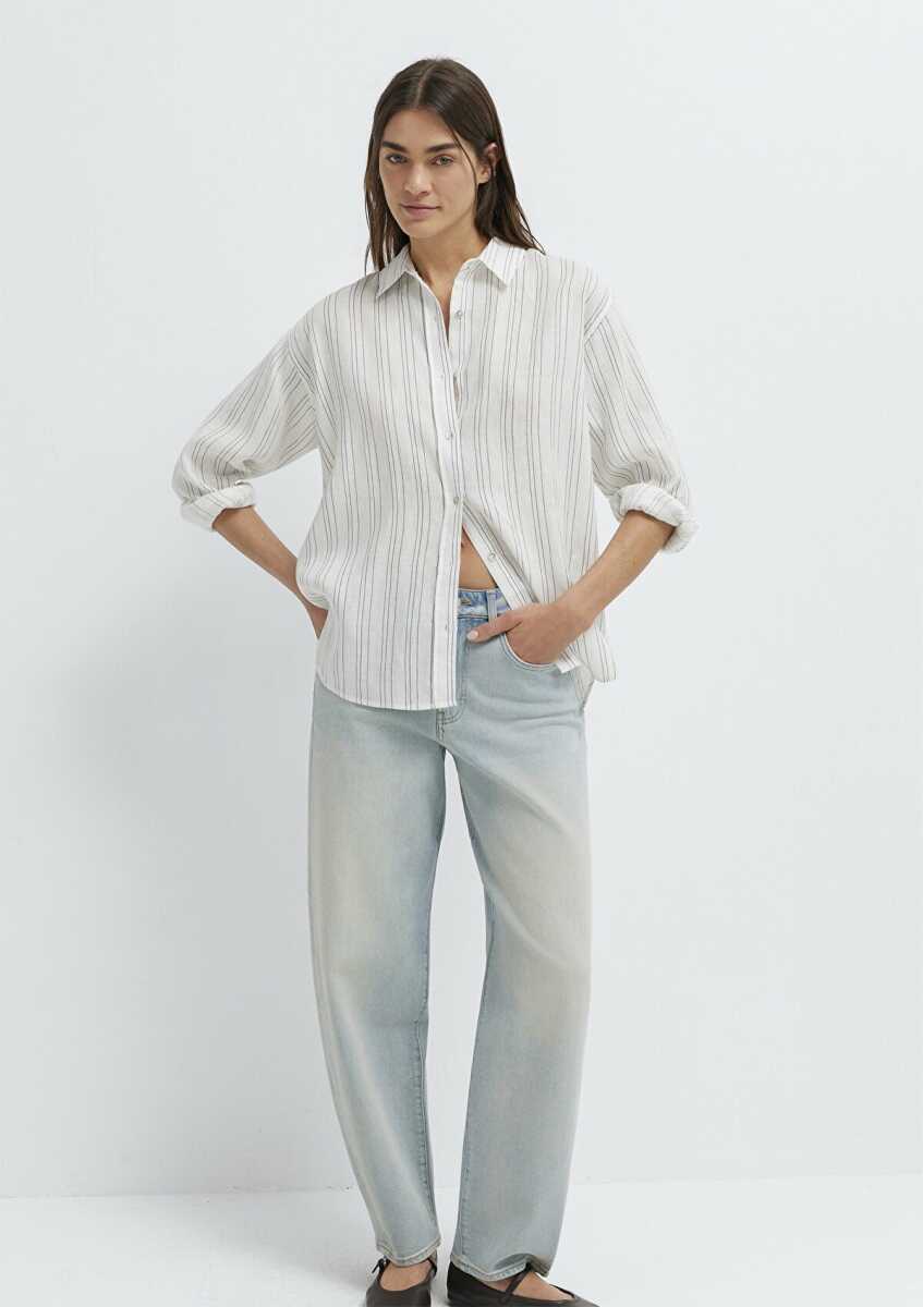 Mavi Siyah Çizgili Beyaz Oversize Kadın Keten Gömlek 1210748-81510 (1)