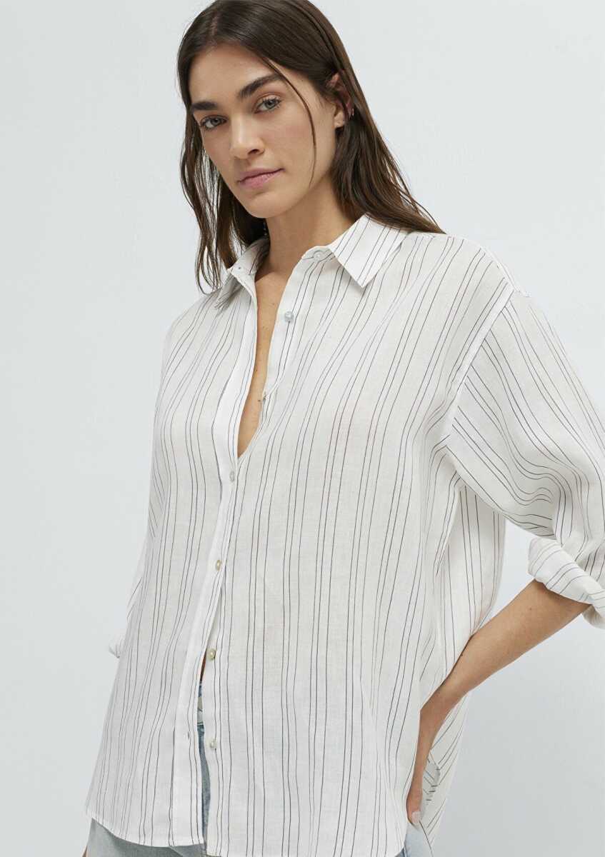 Mavi Siyah Çizgili Beyaz Oversize Kadın Keten Gömlek 1210748-81510 - 1