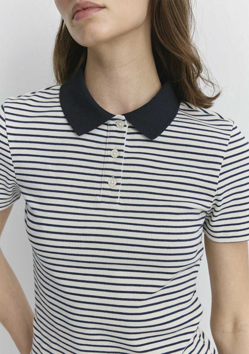 Mavi Siyah Çizgili Kadın Polo Tişört 1613505-86625 - 5