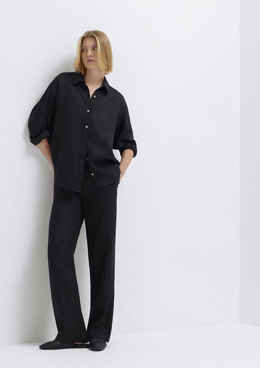 Mavi Siyah Geniş Paça Keten Kadın Pantolon 1011186-900 (1)