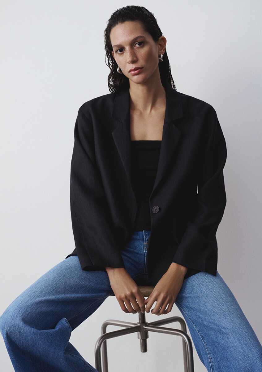 Mavi Siyah Keten Blazer Kadın Ceket 1110850-900
