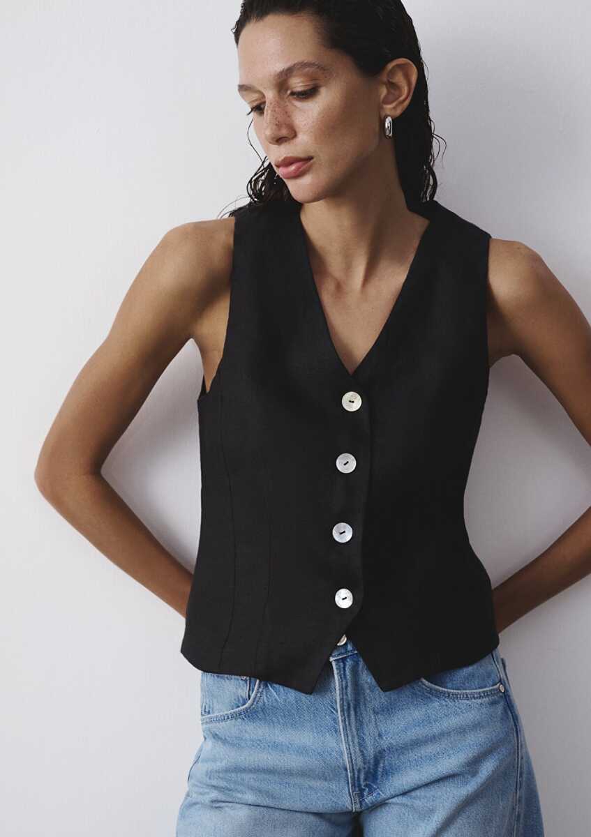 Mavi Siyah Keten Kadın Yelek 1110843-900
