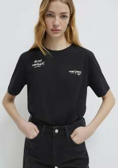 Mavi Slogan Baskılı Siyah Kadın Tişört 1613739-900 