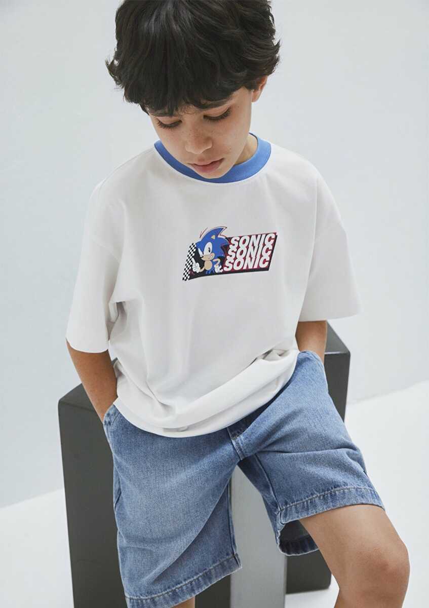 Mavi Sonic Baskılı Ekru Oversize Çocuk Tişört 6610432-70057 (1)