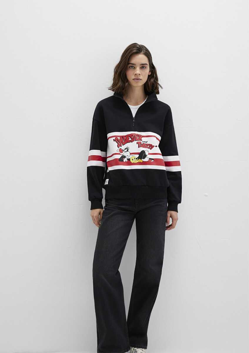 Mavi Tom And Jerry Baskılı Siyah Loose Fit Kadın Sweat 1S10472-900 - Mavi (1)