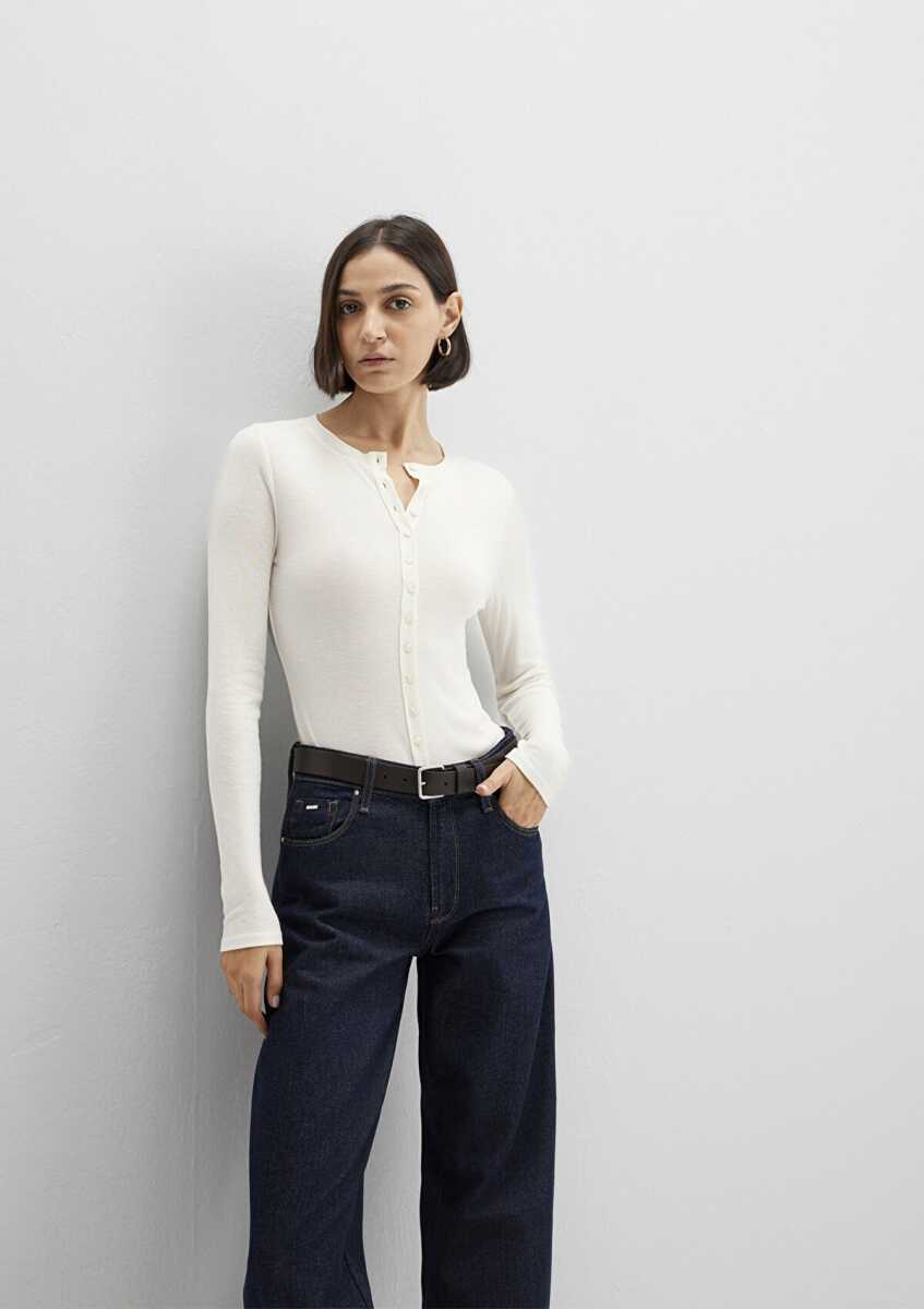 Mavi üğme Detaylı Ekru Kadın Sweat 1613652-80194 - Mavi