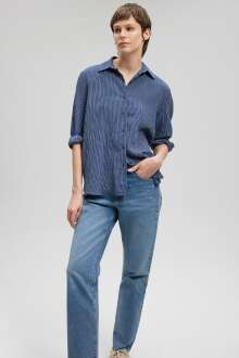 Mavi Uzun Kol Lacivert Çizgili Kadın Gömlek 1210683-80736