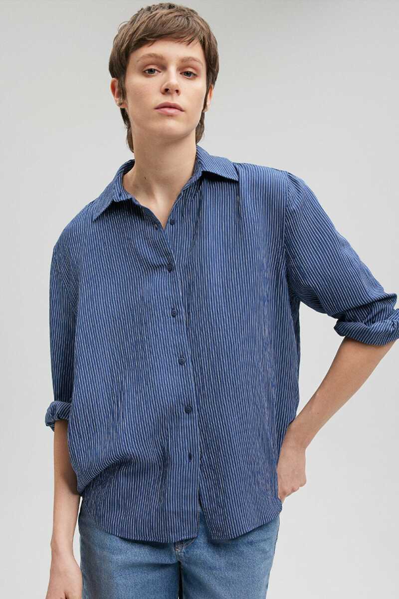 Mavi Uzun Kol Lacivert Çizgili Kadın Gömlek 1210683-80736 - Mavi (1)