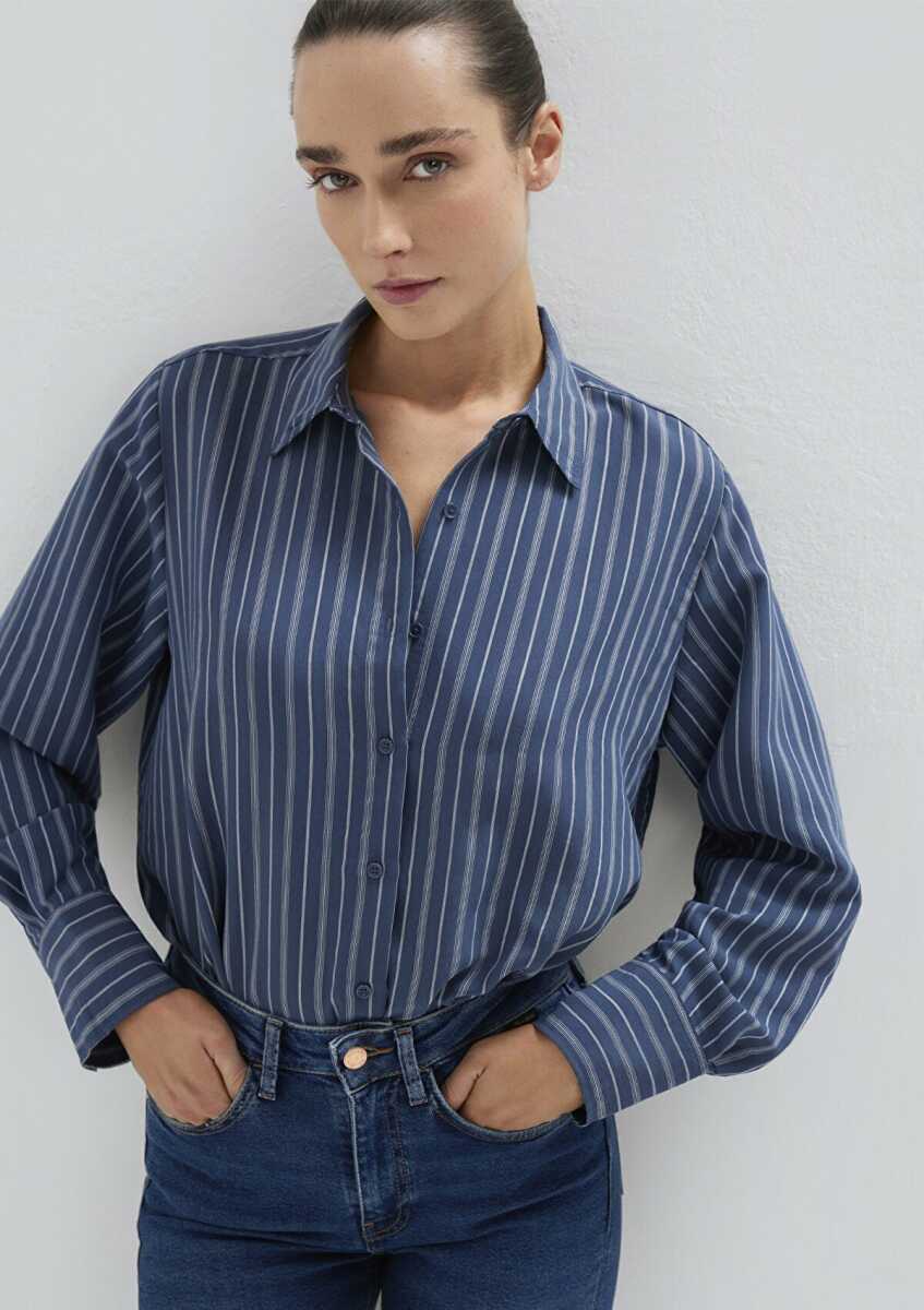 Mavi Uzun Kollu Çizgili Loose Fit Kadın Gömlek 1211373-91385