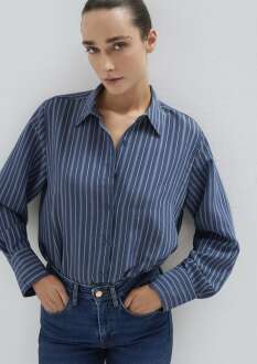 Mavi Uzun Kollu Çizgili Loose Fit Kadın Gömlek 1211373-91385 