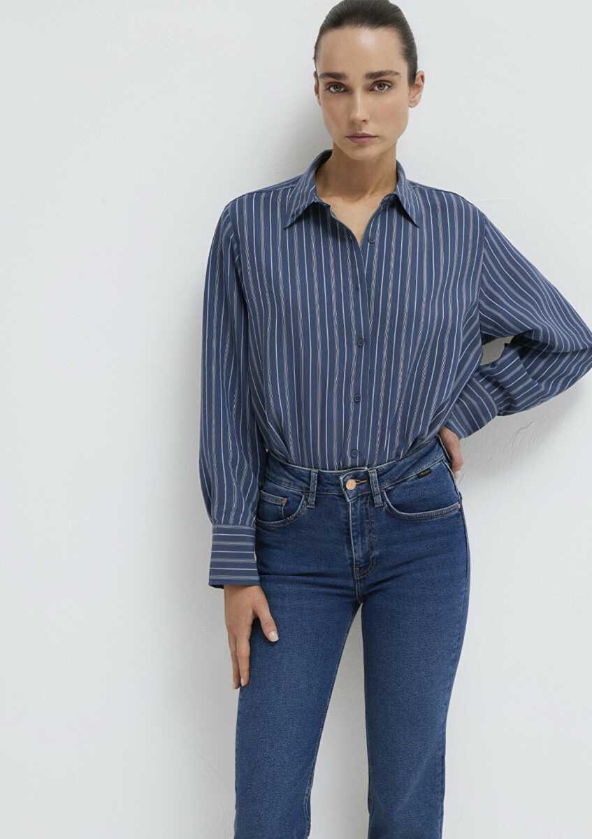 Mavi Uzun Kollu Çizgili Loose Fit Kadın Gömlek 1211373-91385 (1)
