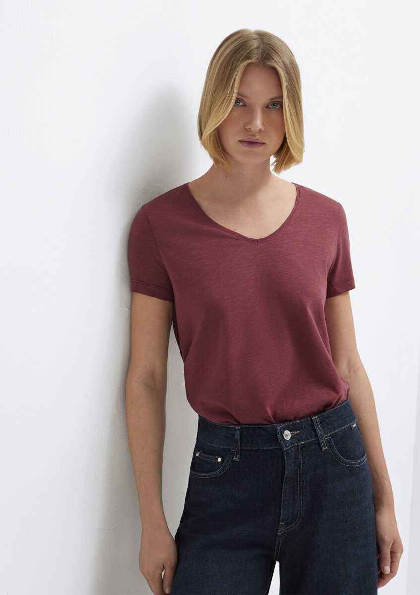 Mavi V Yaka Bordo Basic Kadın Tişört 1614176-70412