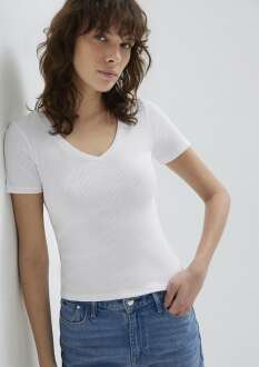 Mavi V Yaka Kısa Kol Kadın T-shirt 1601040-620 