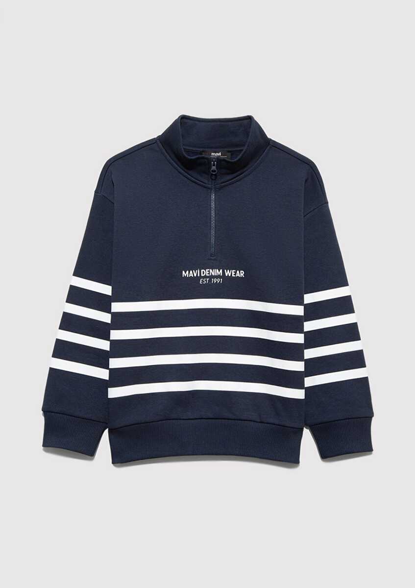 Mavi Yarı Fermuarlı Lacivert Çizgili Çocuk Sweat 6S10067-82318 - Mavi