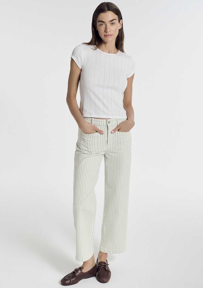Mavi Yeşil Çizgili Ekru Kadın Pantolon 1011161-85171
