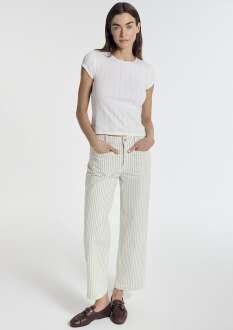 Mavi Yeşil Çizgili Ekru Kadın  Pantolon 1011161-85171 
