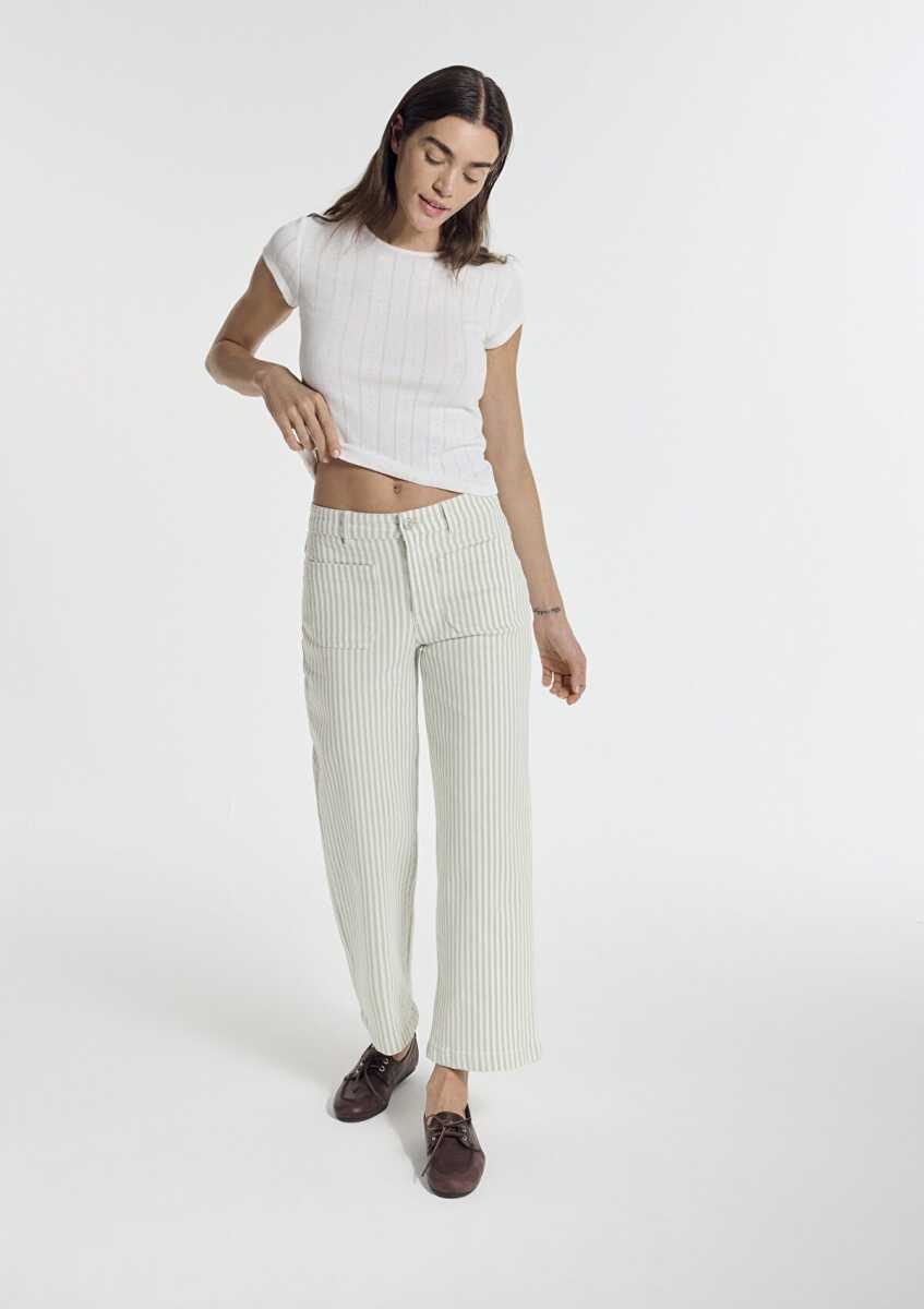 Mavi Yeşil Çizgili Ekru Kadın Pantolon 1011161-85171 (1)
