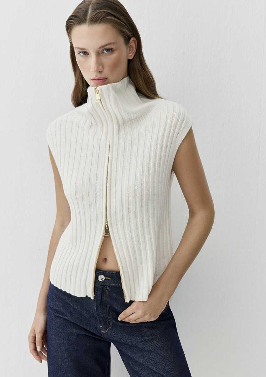 Mavi Yün ve Kaşmir Karışımlı Fermuarlı Ekru Kadın Süveter 1710827-70057 - Mavi