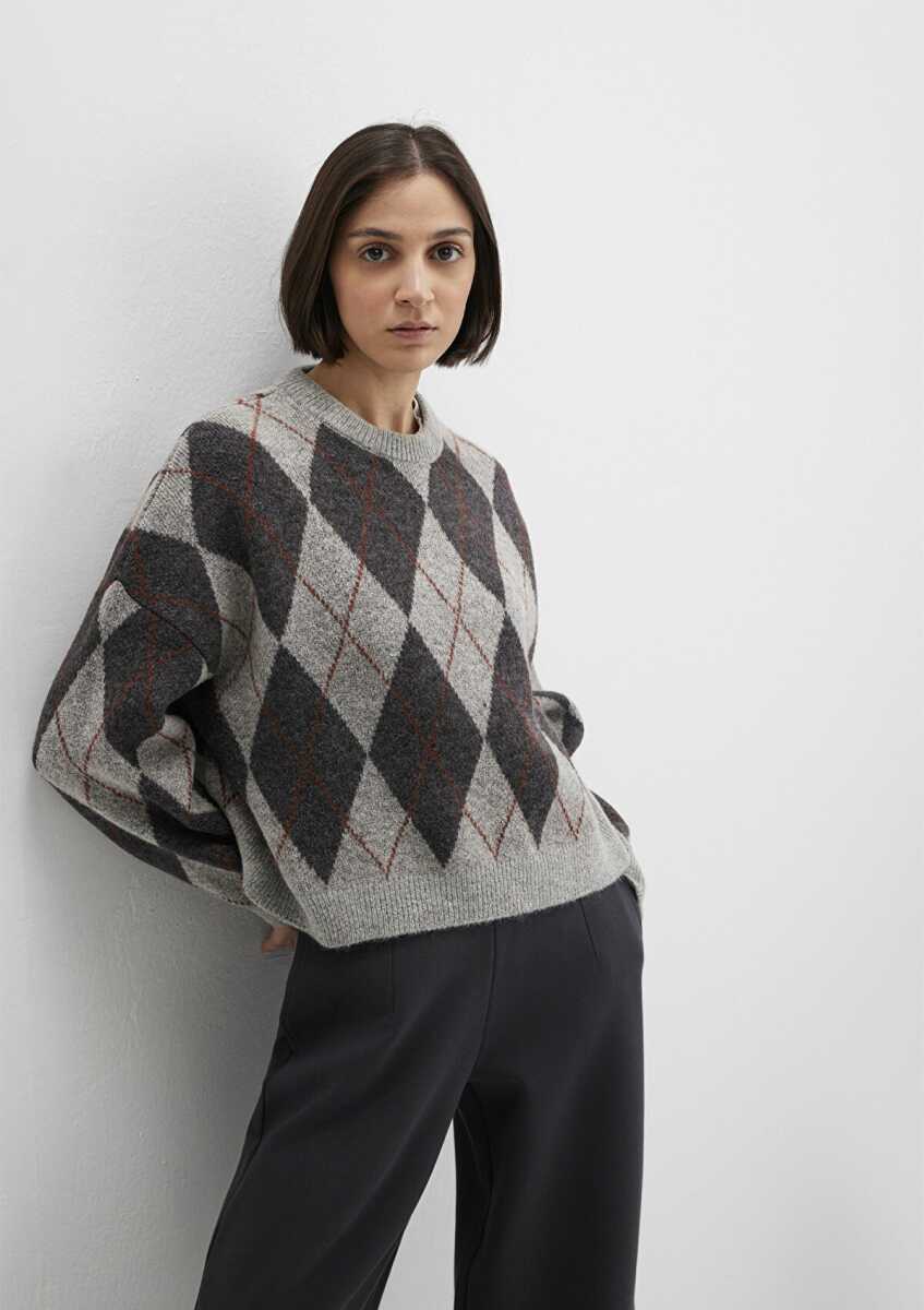 Mavi Yuvarlak Yaka Gri Kadın Kazak 1710800-83096 - Mavi