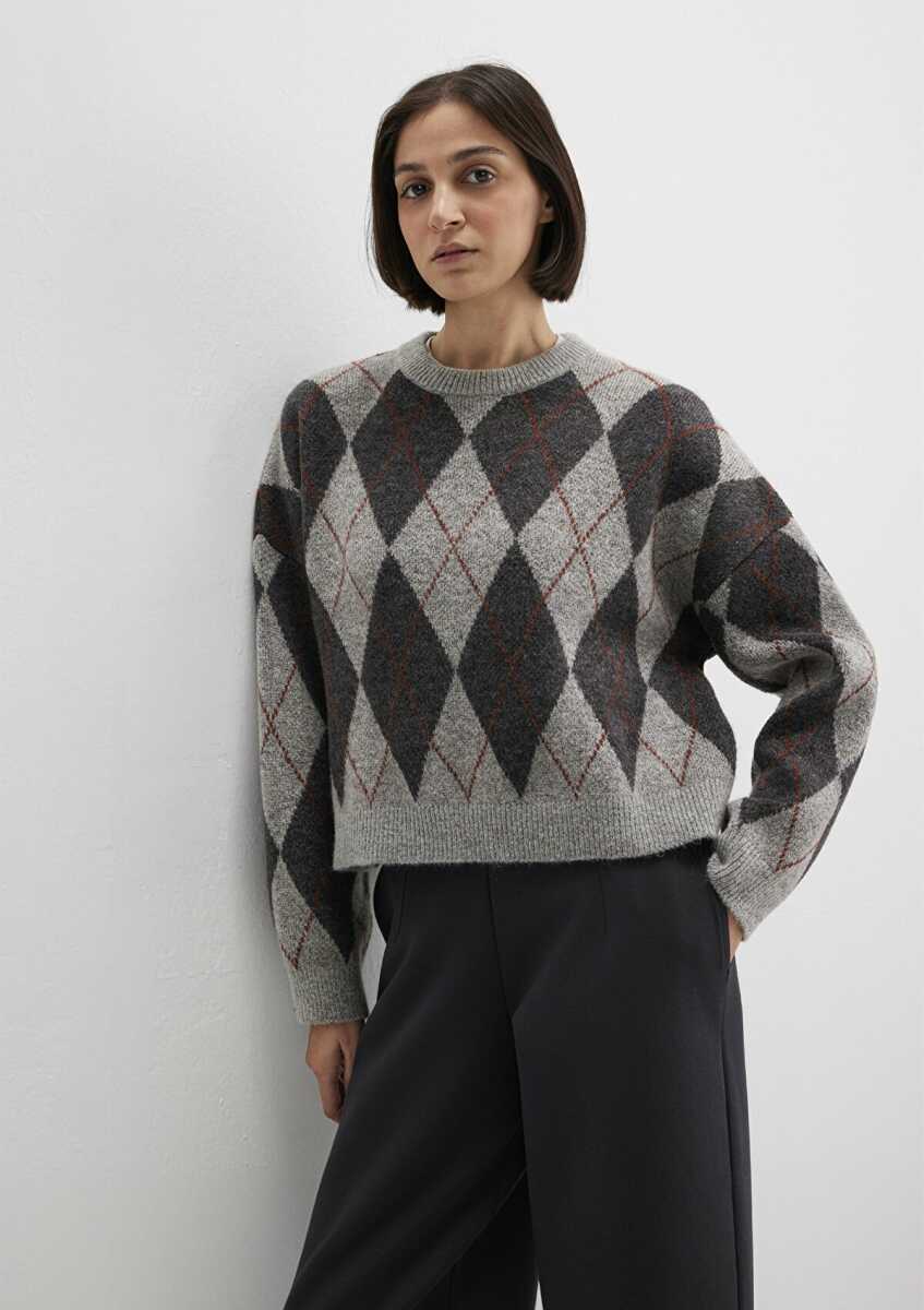 Mavi Yuvarlak Yaka Gri Kadın Kazak 1710800-83096 - Mavi (1)