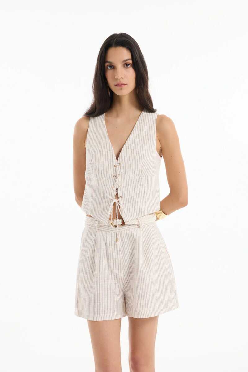 Quzu Kemerli Çizgili Kadın Keten Şort - 3