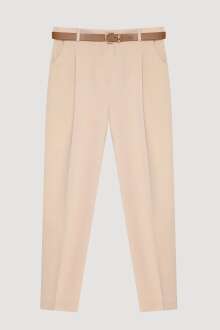 Quzu Yüksek Bel Kemerli Pensli Kadın Pantolon 